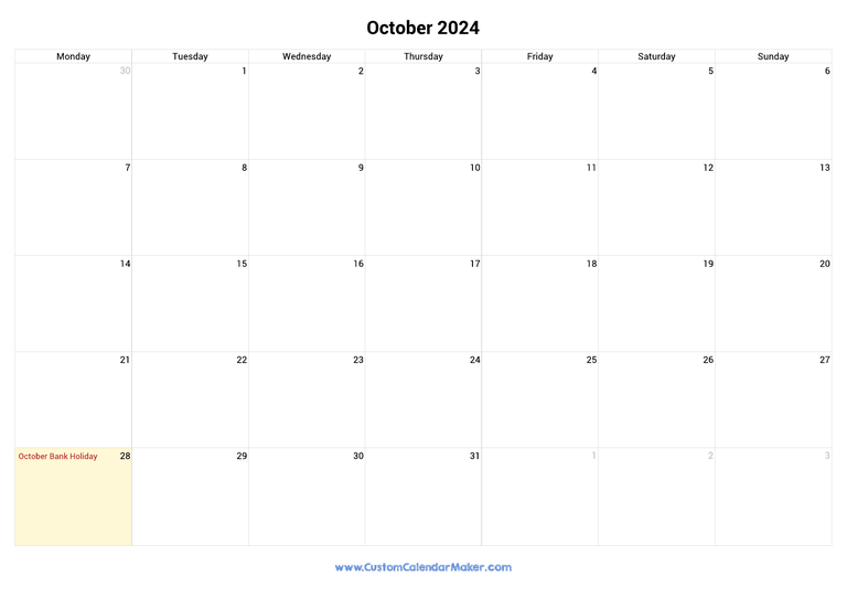 October calendar 2024 with Irish National Holidays