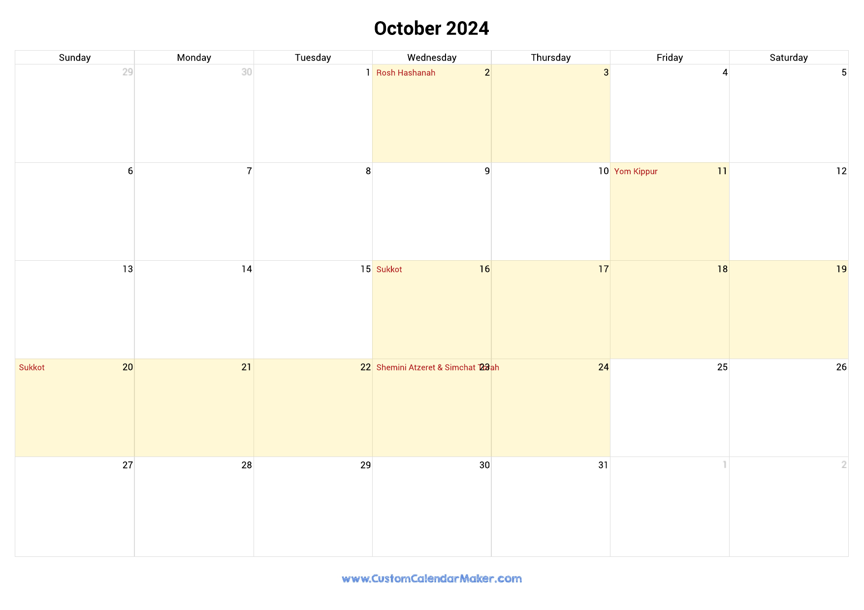 Jewish Calendar Oct 2024 - Charo DeeDee