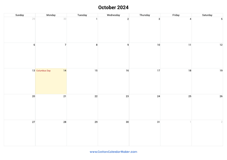 October calendar 2024 with US Federal Holidays