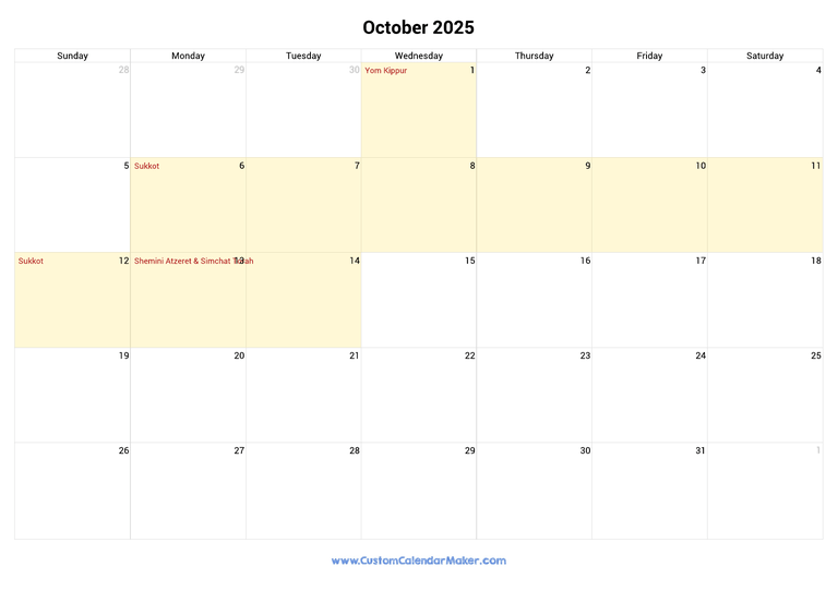 October 2025 Jewish Calendar with Holidays