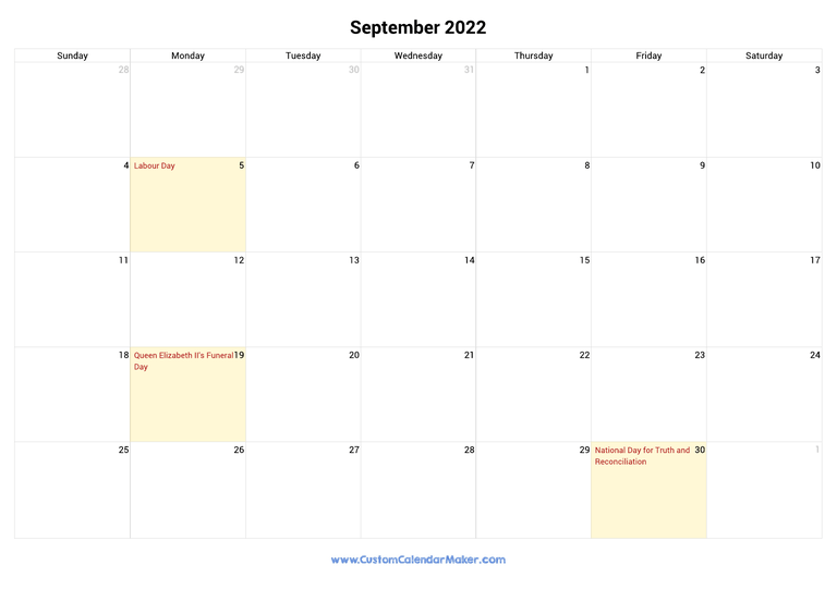September calendar 2022 with Canadian Holidays