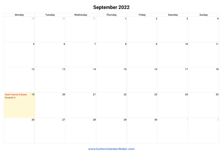 September calendar 2022 with UK Bank Holidays