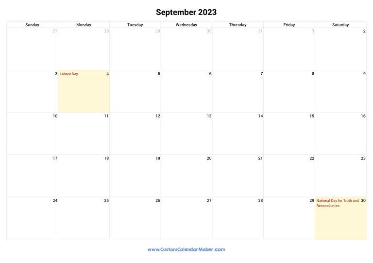 September 2023 calendar with national holidays from Canada