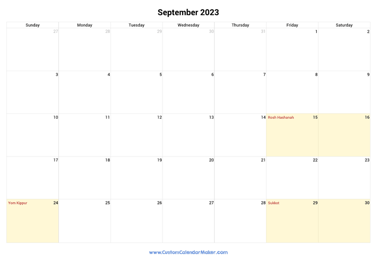 September 2023 Jewish Calendar with Holidays