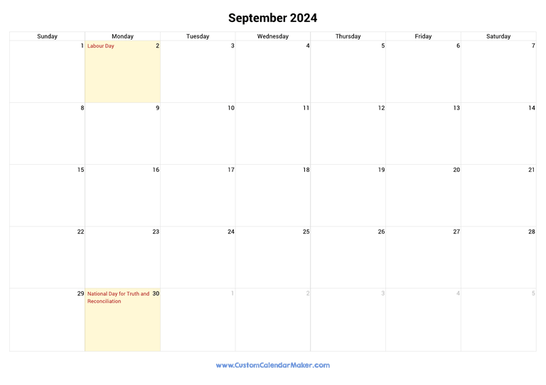 September calendar 2024 with Canadian Holidays