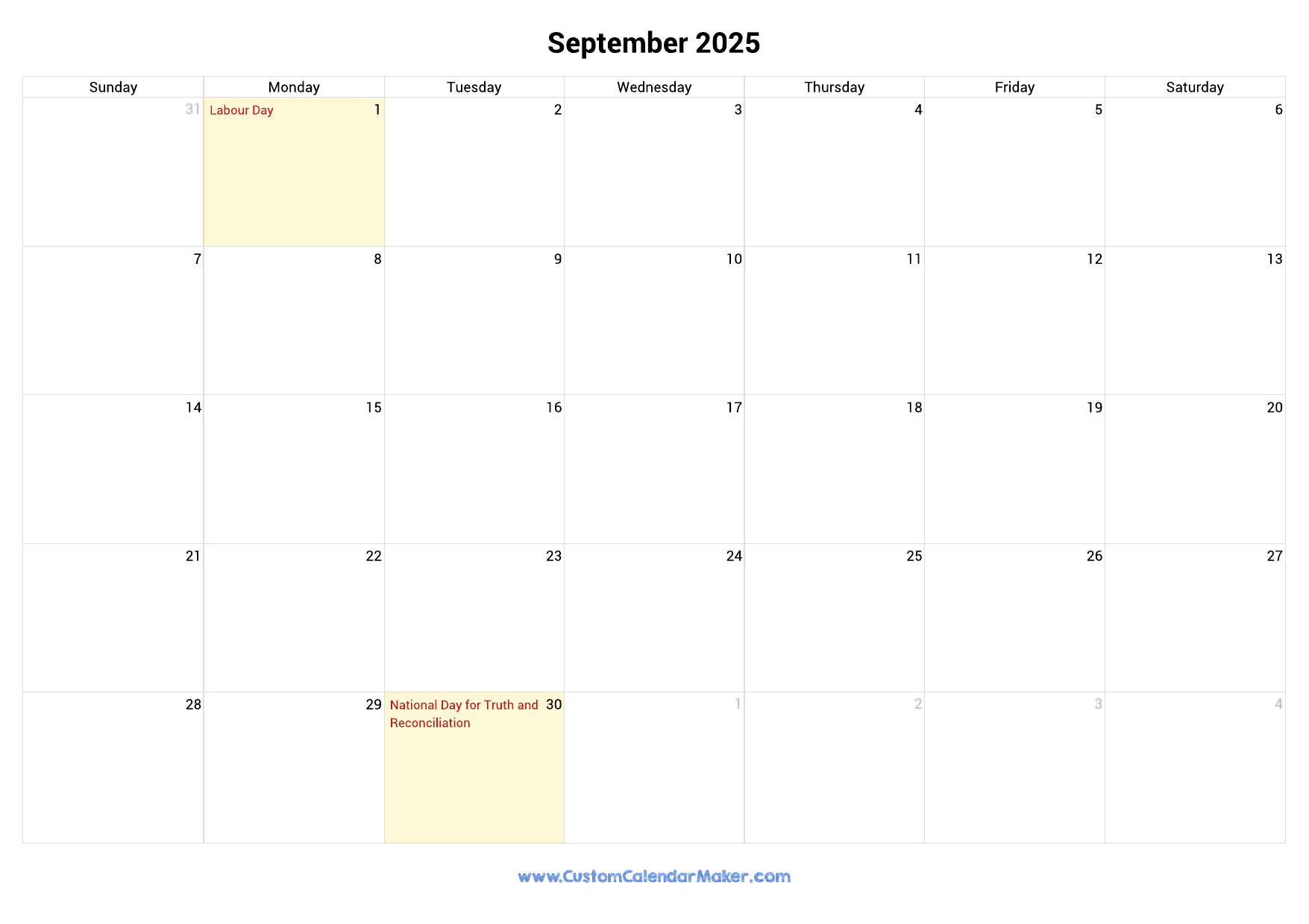 2025 Printable Calendar With Canadian Holidays