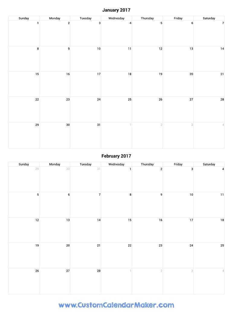 january and february 2017 portrait calendar