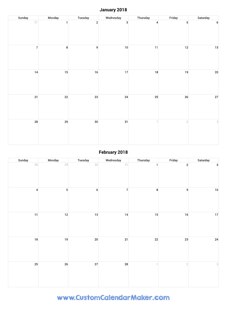 january and february 2018 portrait calendar