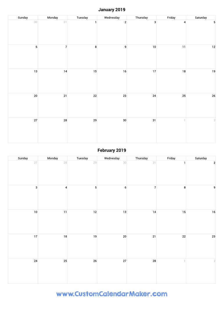 january and february 2019 portrait calendar