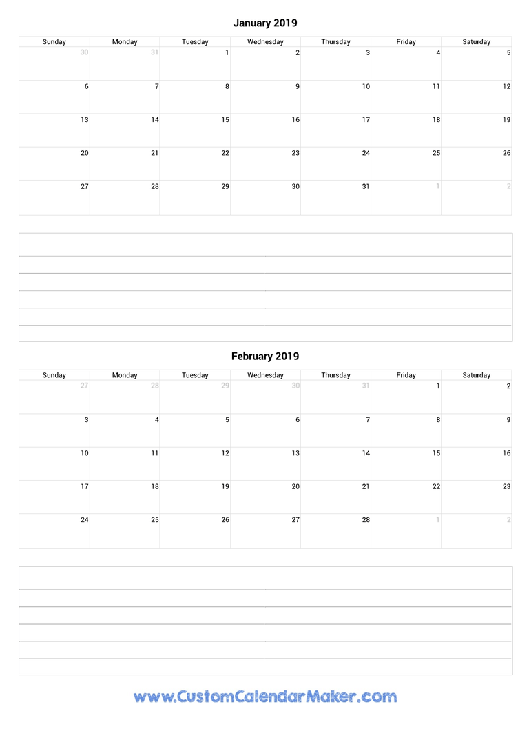 january and february 2019 calendar with notes