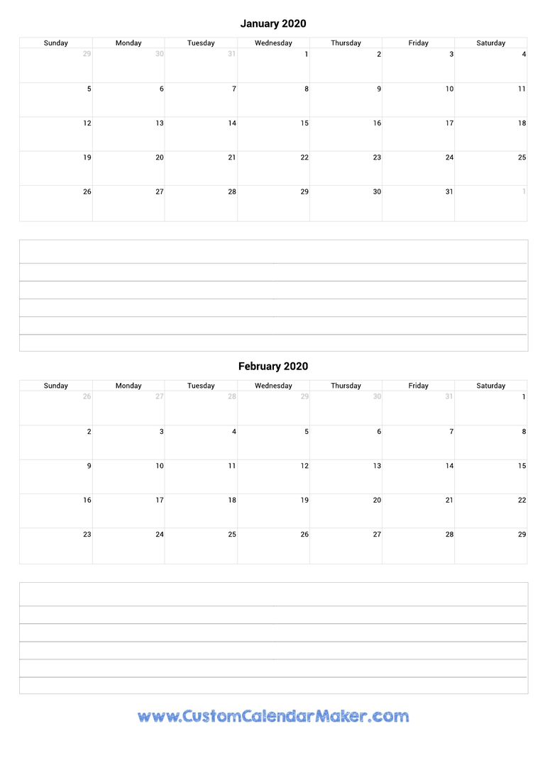 january and february 2020 calendar with notes