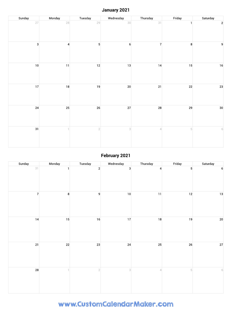 january and february 2021 portrait calendar