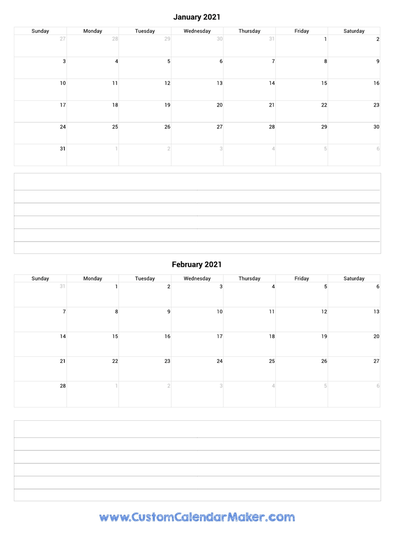 january and february 2021 calendar with notes