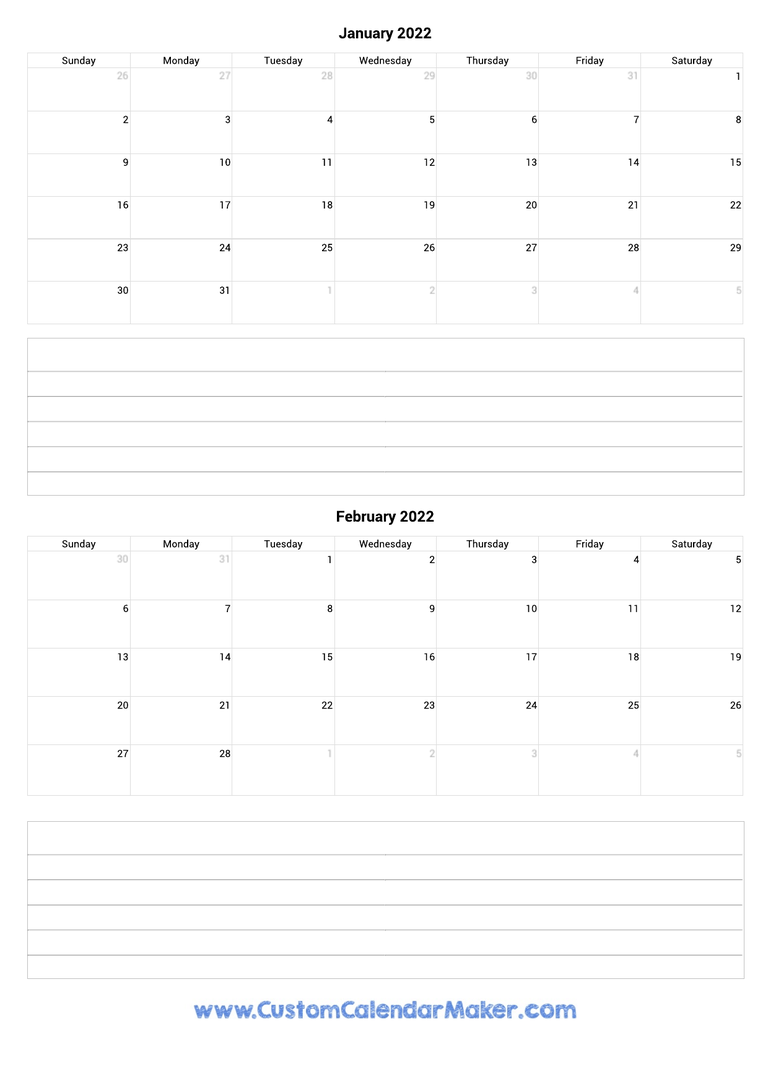 january and february 2022 calendar with notes