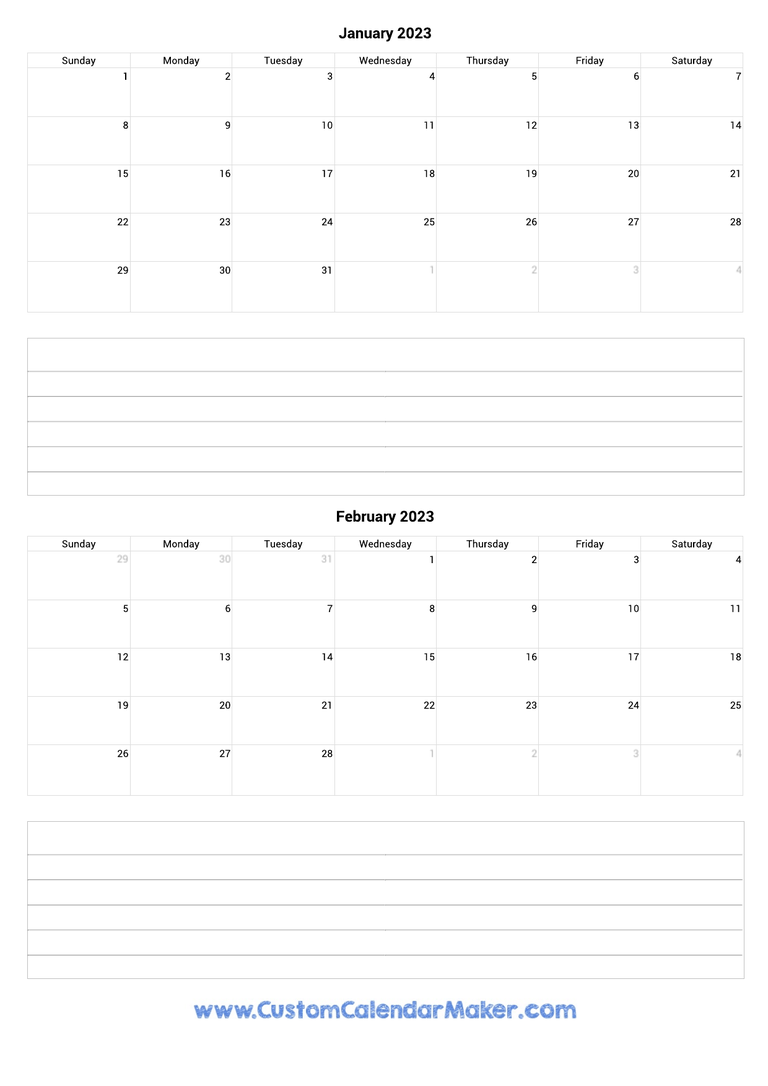 january and february 2023 calendar with notes