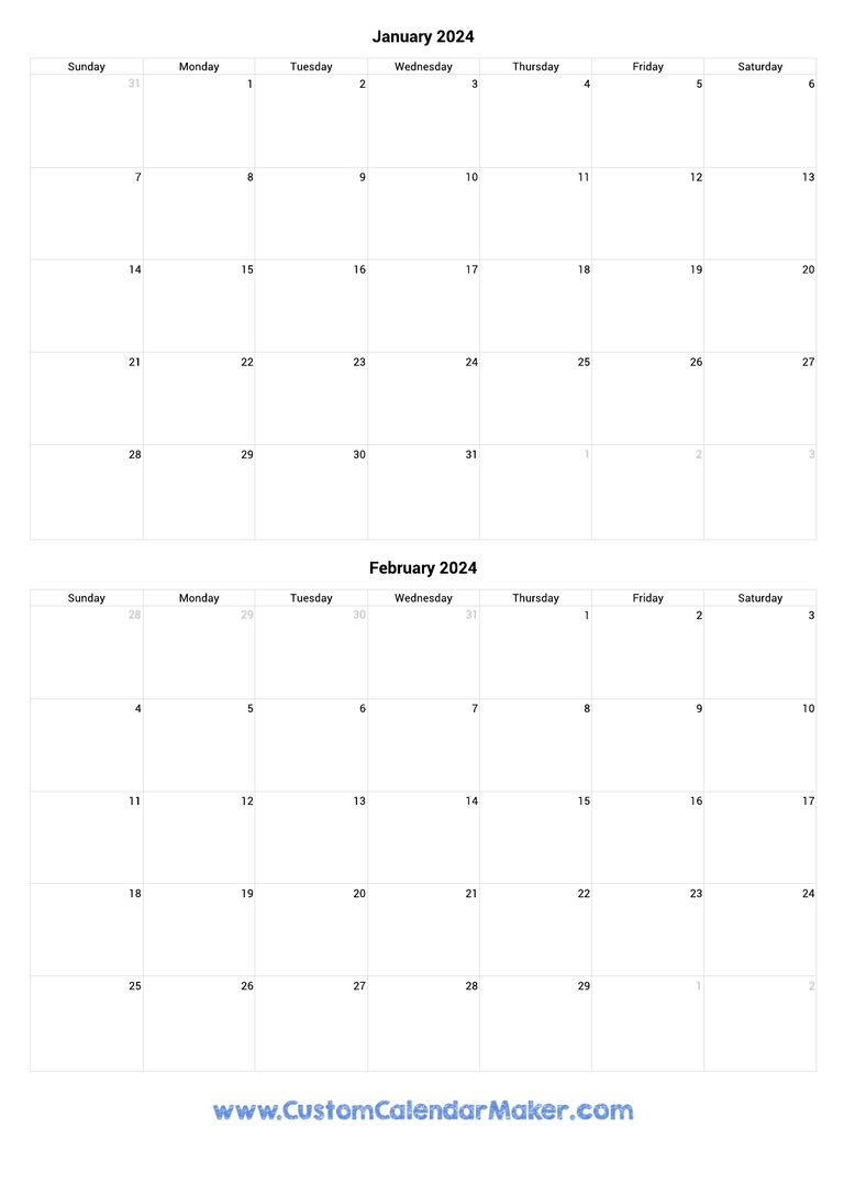 january and february 2024 portrait calendar