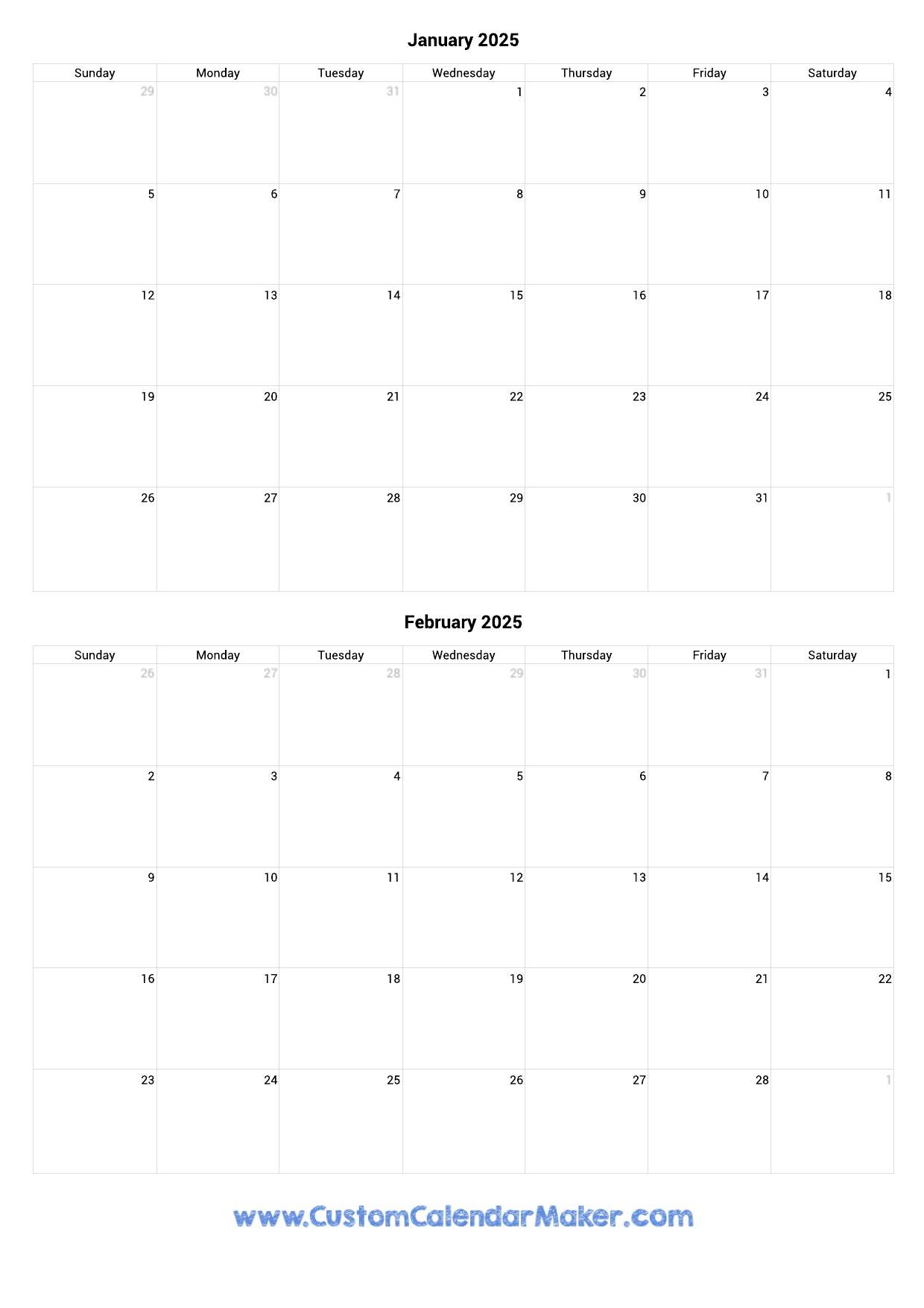 January And February 2025 Printable Calendar Template