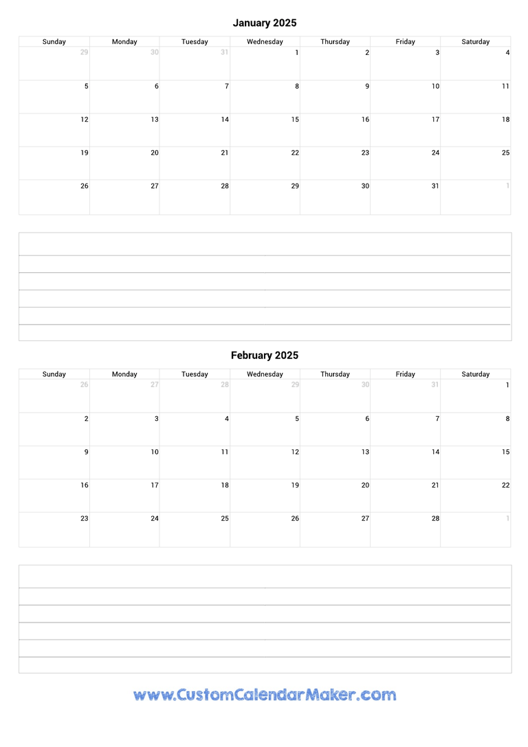 january and february 2025 calendar with notes