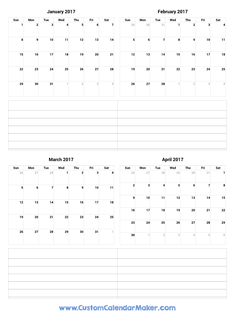 January to April 2017 Calendar
