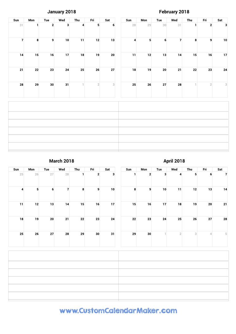 January to April 2018 Calendar