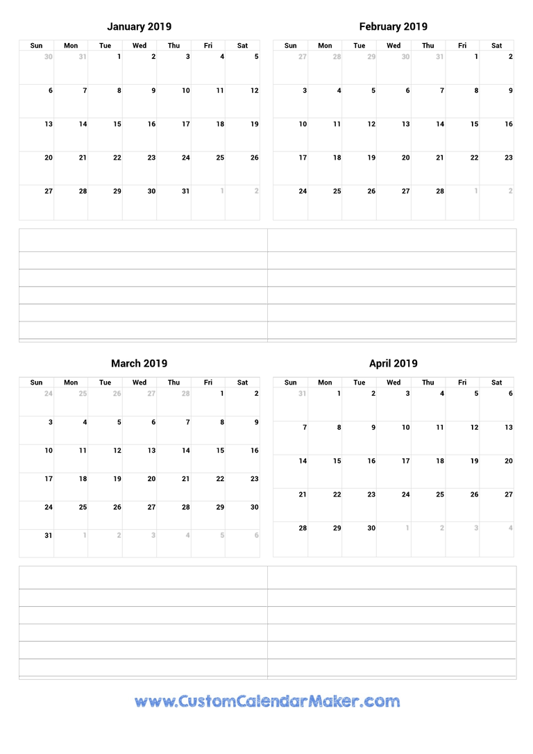 January to April 2019 Calendar