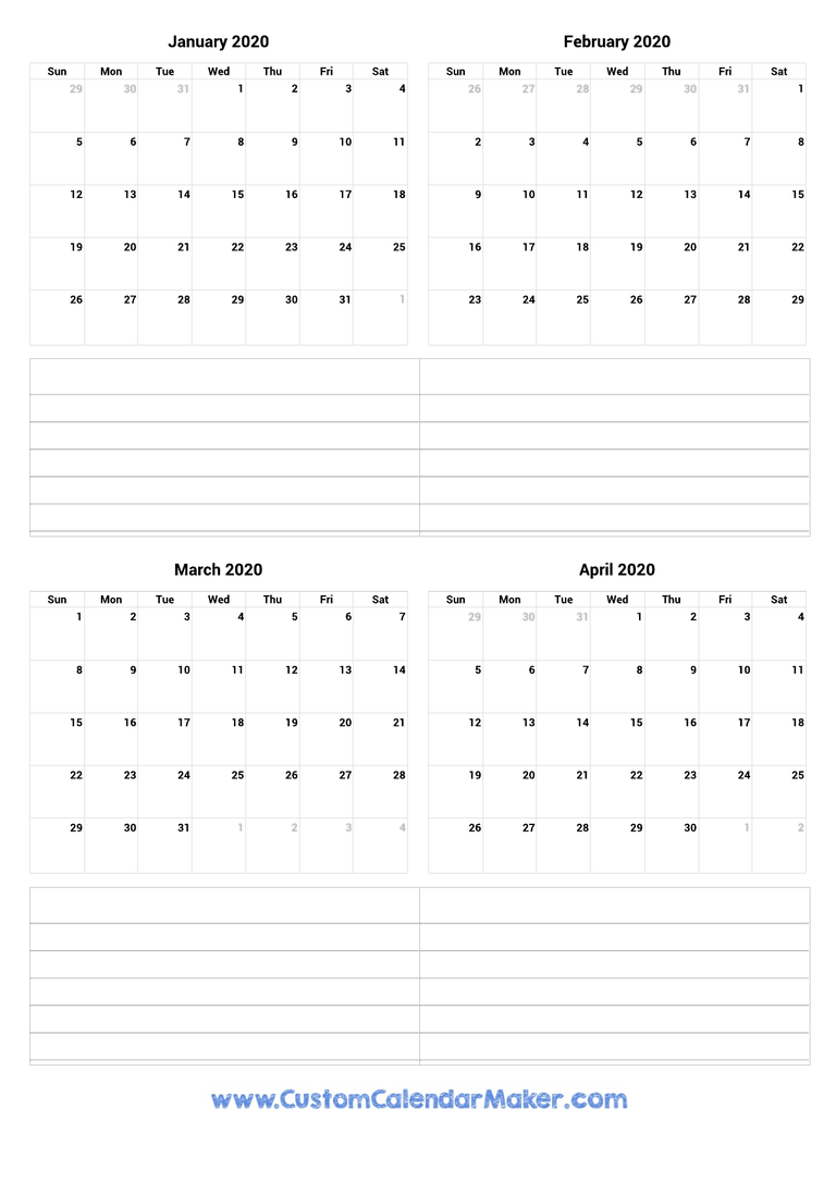 January to April 2020 Calendar