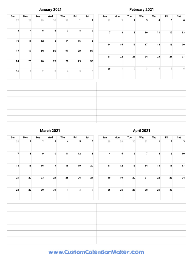 January to April 2021 Calendar