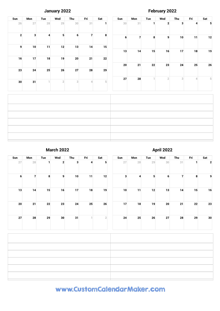 January to April 2022 Calendar