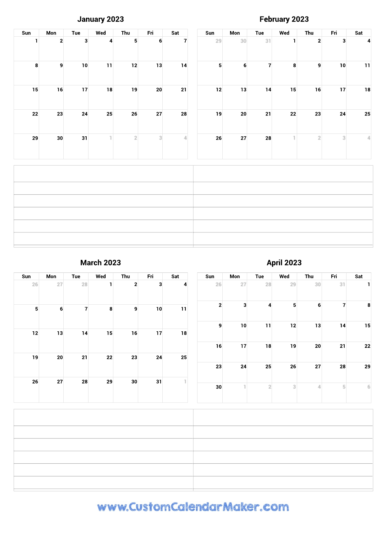January To April 2023 Printable Calendar