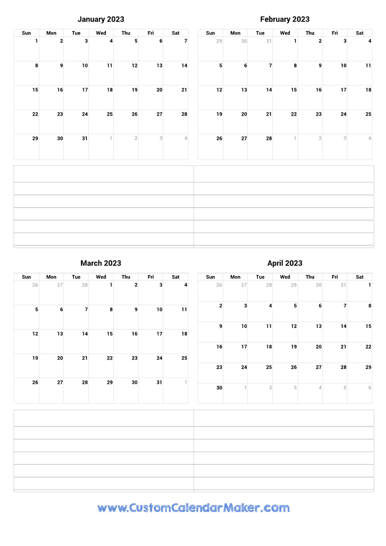 January to April 2023 Calendar