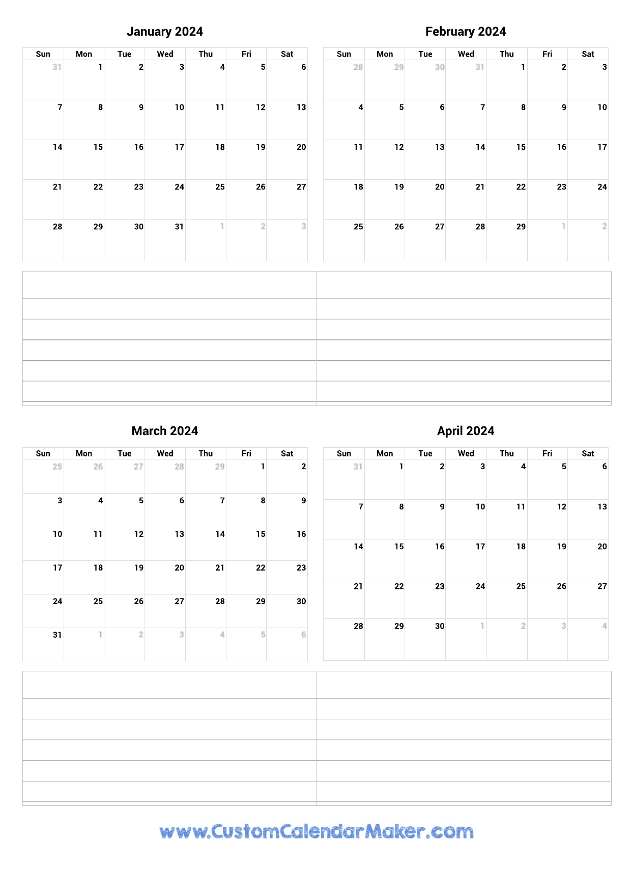 January to April 2024 Printable Calendar