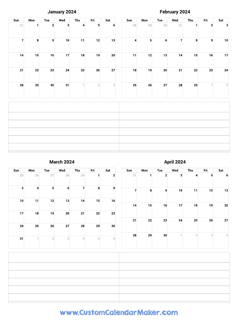 January to April 2024 Printable Calendar
