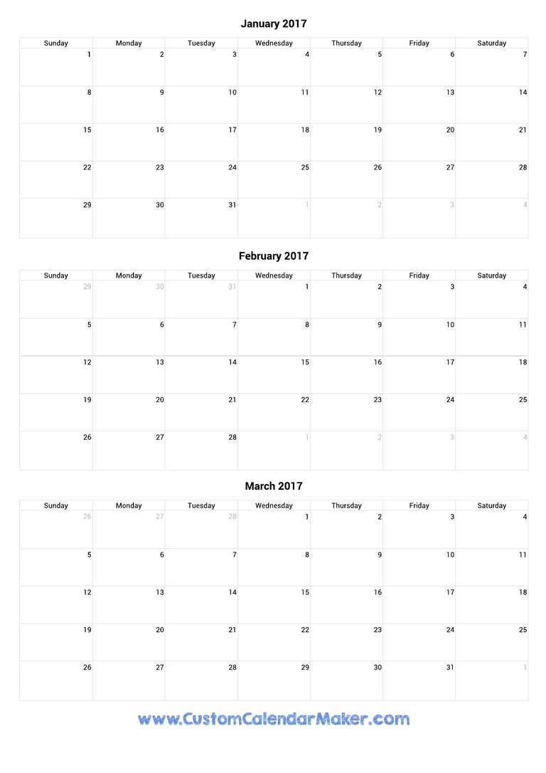 January to March 2017 Calendar