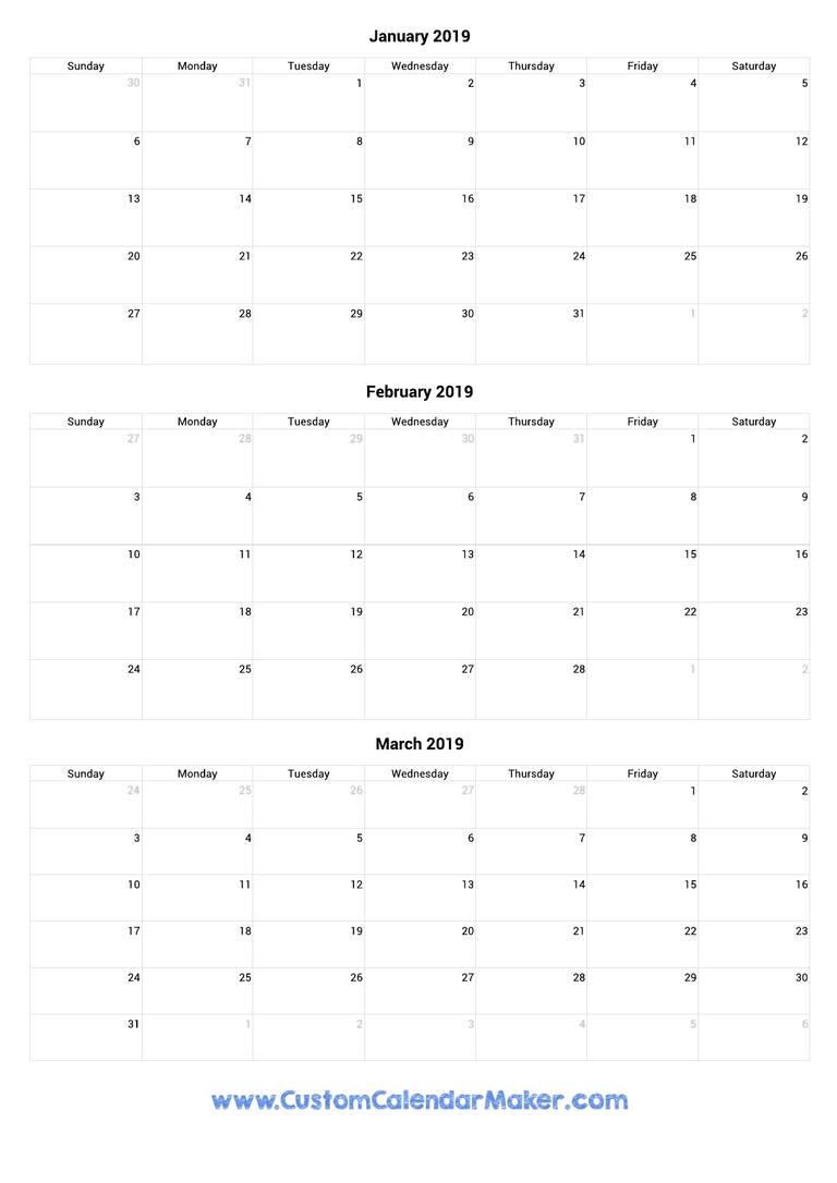 January to March 2019 Calendar
