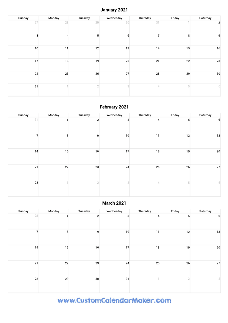 January to March 2021 Calendar