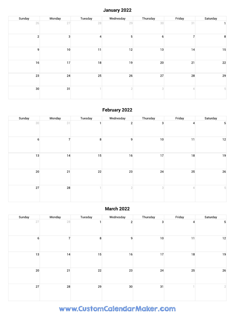 January to March 2022 Calendar