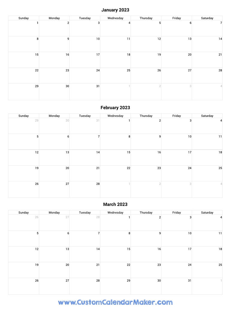 January to March 2023 Calendar