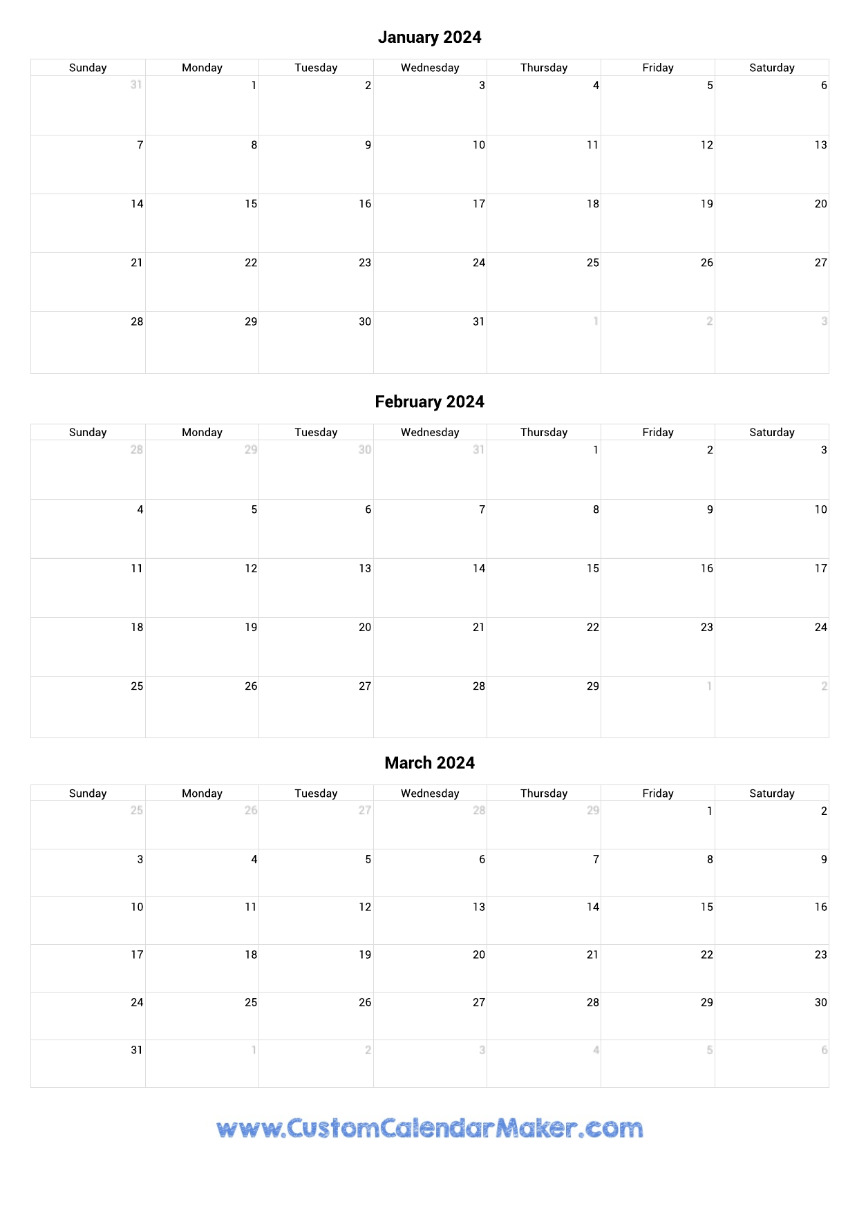 January to March 2024 Calendar Printable