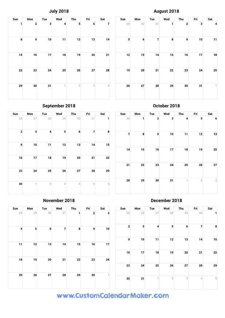 July to December 2018 Calendar