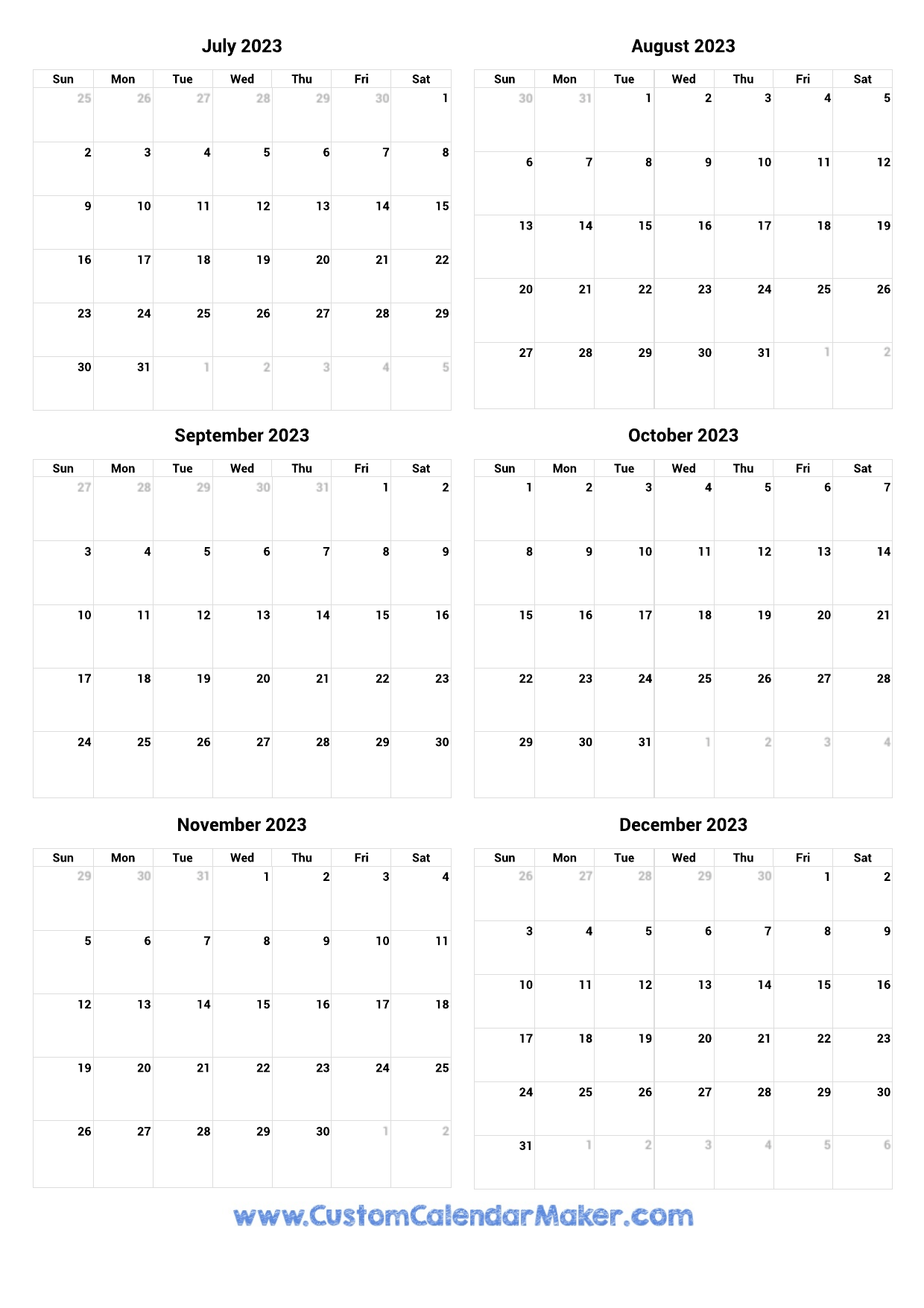 August Through December 2023 Calendar Printable Free