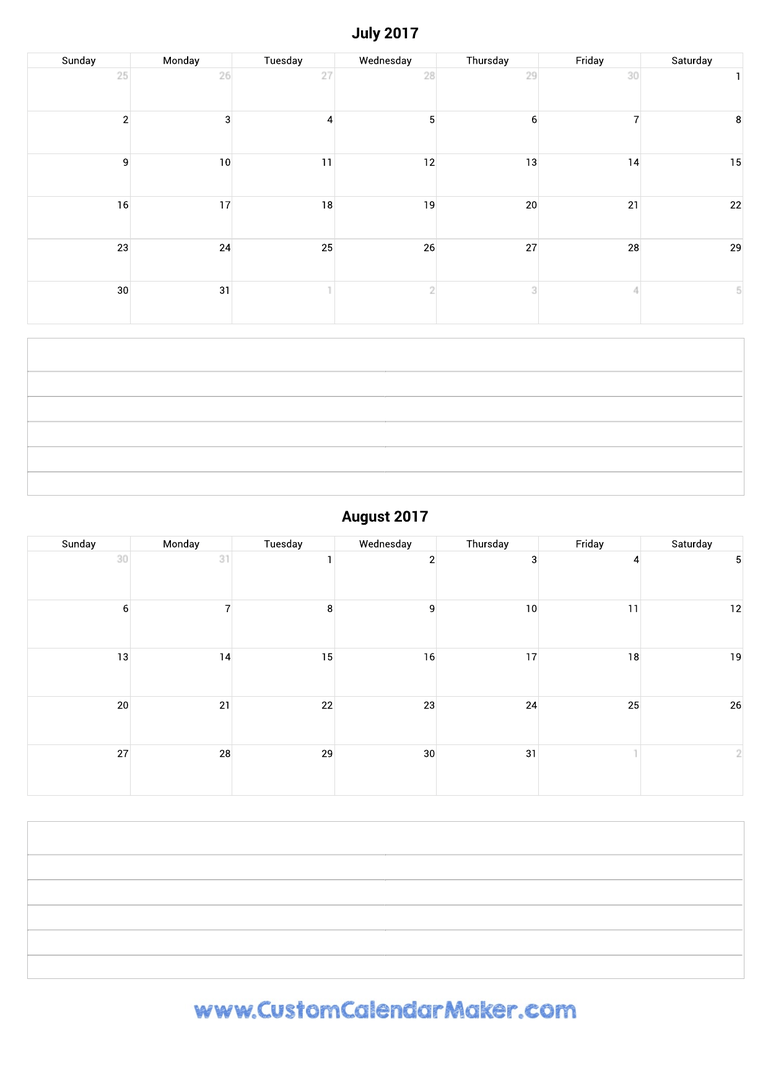 july and august 2017 calendar with notes