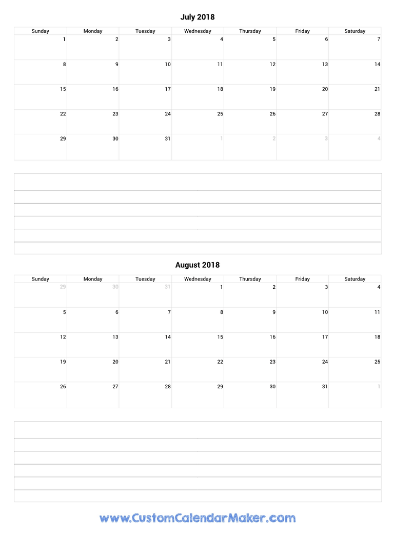 july and august 2018 calendar with notes