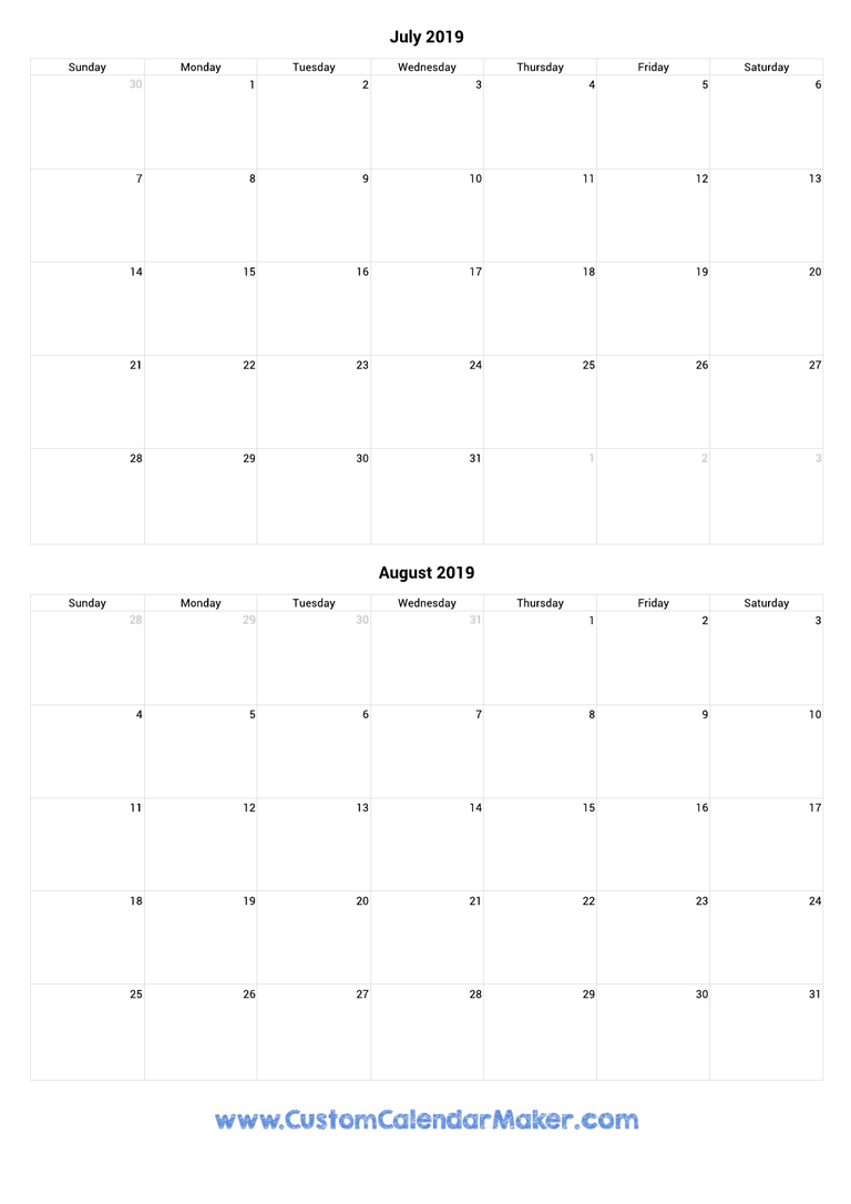 July and August 2019 Calendar