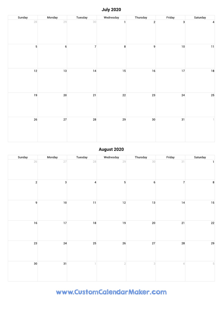 July and August 2020 Calendar