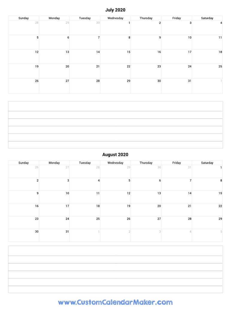 july and august 2020 calendar with notes