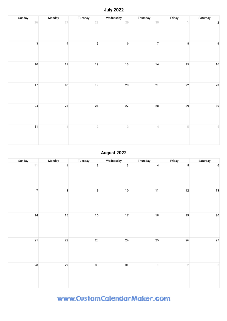 July and August 2022 Calendar