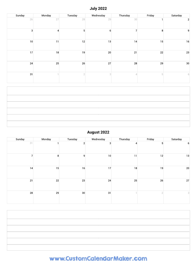 july and august 2022 calendar with notes