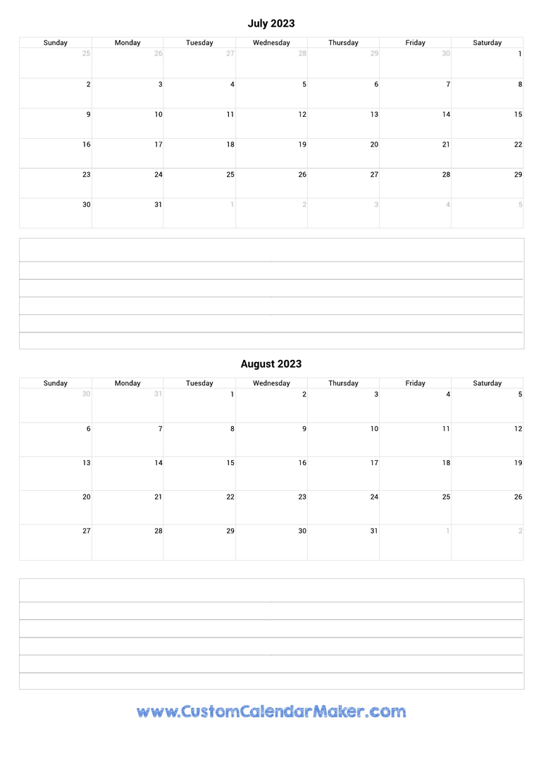 july and august 2023 calendar with notes