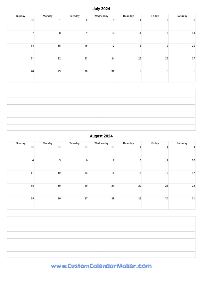 july and august 2024 calendar with notes