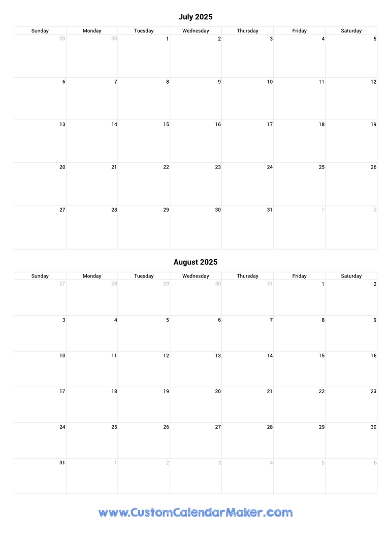 july and august 2025 portrait calendar